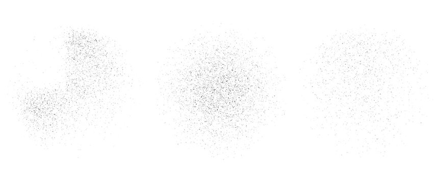 Grainy noise circles vector set. Dot grain texture circles. Spray texture sand and dissolving circles. Abstract black spheres with gradient stipple pattern.  Vector illustration