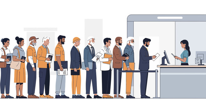 Diverse People Queue at Counter for Service - Waiting Line Illustration