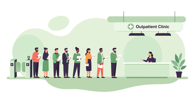 Diverse people queue at outpatient clinic reception for healthcare services