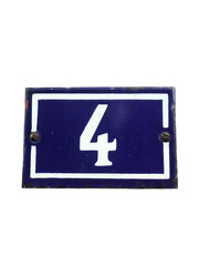 Fototapeta premium PNG vintage blue enameled street number 4 sign isolated on transparent background, retro house address plaque with screws element for graphic design