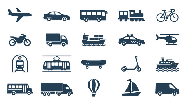 Various transportation icons on a white background for design purposes.