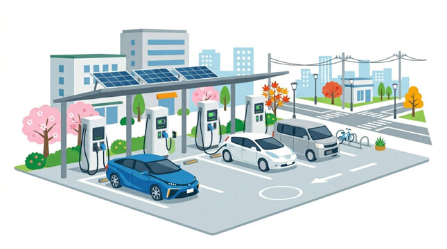 Modern electric vehicle charging station with solar panels and multiple cars parked in a clean, eco-friendly urban setting with buildings and trees