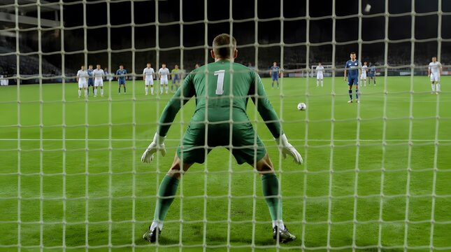 Goalkeeper Stands Ready for Penalty Kick Shot During Soccer Match