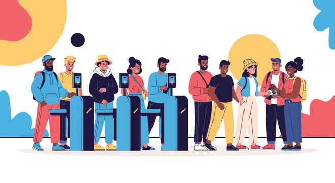 Diverse people queuing at ticket gates, travel concept