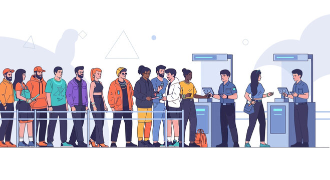 Diverse people queuing at ticket counters, modern illustration