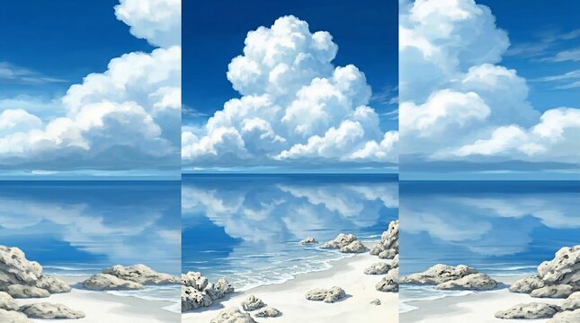 Serenity Beach Scene with Calm Waters and White Sandy Shore