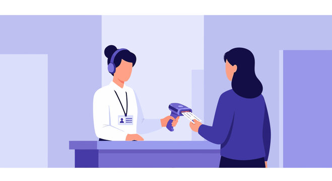 Customer service worker scanning ticket at counter with scanner and headset
