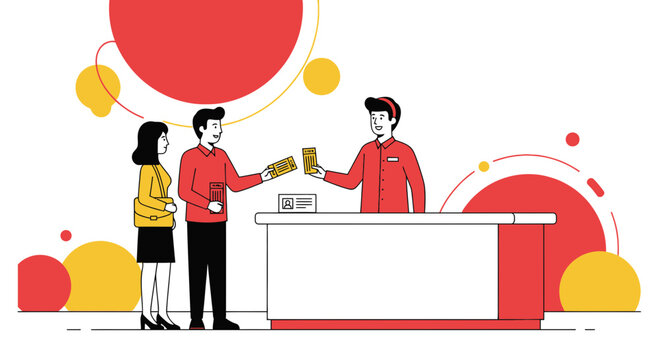 Customer Service: Ticket Counter Interaction with Attendant and Guests