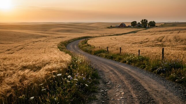 Winding dirt road leads through golden wheat fields towards a distant red farmhouse during the warm glowing sunset light in a peaceful rural landscape captured with a wide camera angle