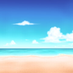 Obraz premium Sunny Beach with Blue Sky White Clouds Flat Illustration Background