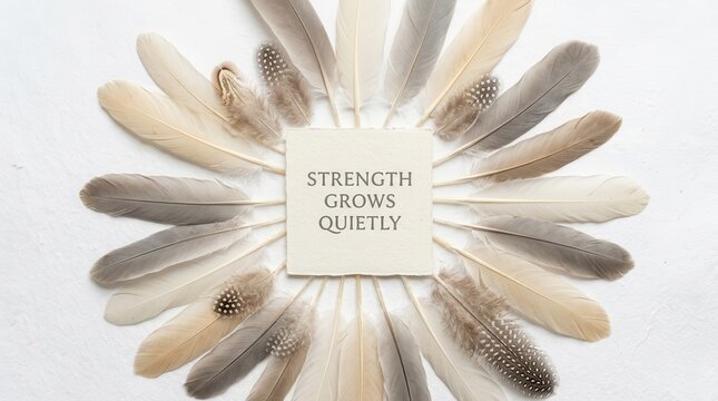 Feathers arranged around inspirational quote on white background