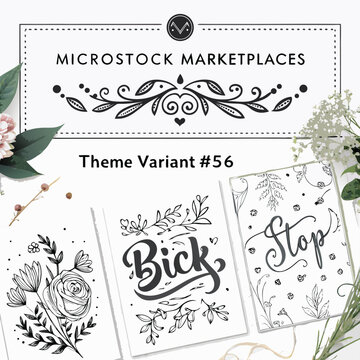 Minimalist black calligraphy floral stickers with bick and stop text