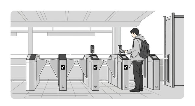 Commuter using ticketing gate at transit station