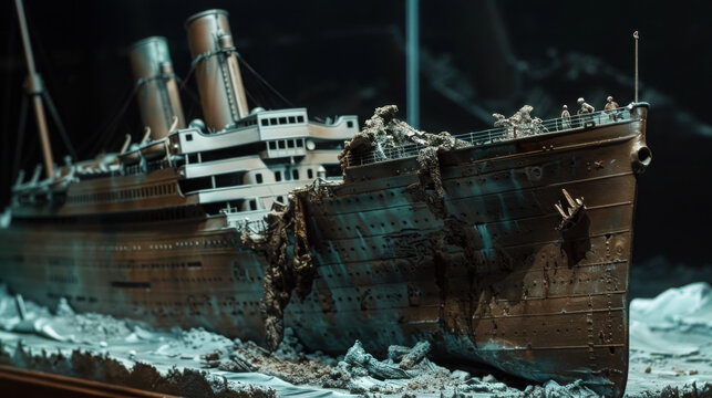 dramatic sinking titanic shipwreck in icy ocean at night with smoke