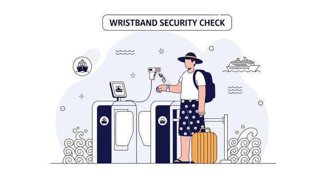 Cruise ship passenger checks wristband for boarding security at terminal gate