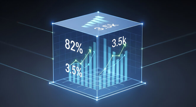 A 3D cube graph shows increasing statistics with percentages on its sides