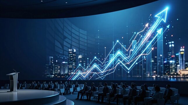 Business Growth Chart Presentation in Futuristic Conference Hall
