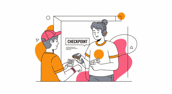 Customer scanning ticket at checkpoint with barcode scanner