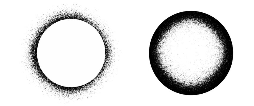 Grainy noise circles vector set. Dot grain texture circles. Spray texture sand and dissolving circles. Abstract black spheres with gradient stipple pattern.  Vector illustration