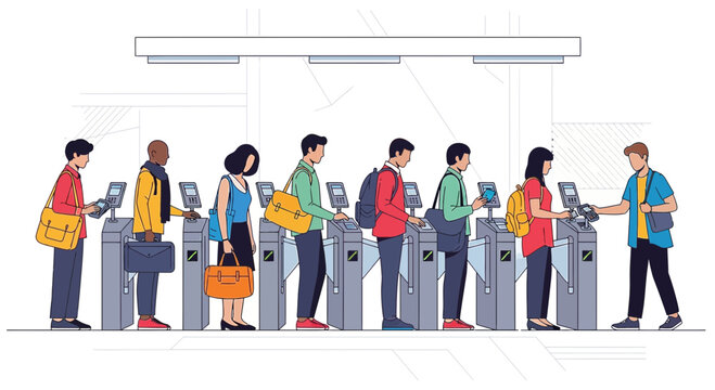 Commuters queuing for public transport ticket barriers, diverse group of people