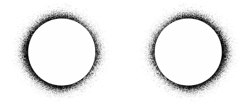 Grainy noise circles vector set. Dot grain texture circles. Spray texture sand and dissolving circles. Abstract black spheres with gradient stipple pattern.  Vector illustration