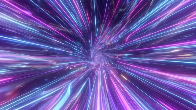 Vibrant neon light streaks forming a swirling tunnel in abstract style on dark background, concept of speed and futuristic motion