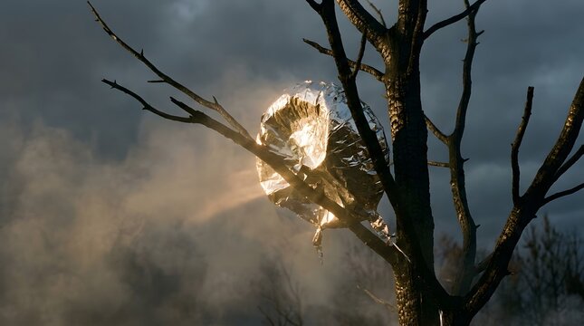 Deflated silver foil balloon caught in the bare branches of a dead tree highlighting environmental plastic pollution and abandoned party litter