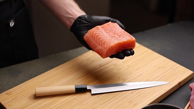Close-up of a chef slicing fresh salmon on a wooden cutting board. Sharp knife, detailed texture of raw fish, and professional kitchen atmosphere emphasize precision, freshness, and gourmet culinary p