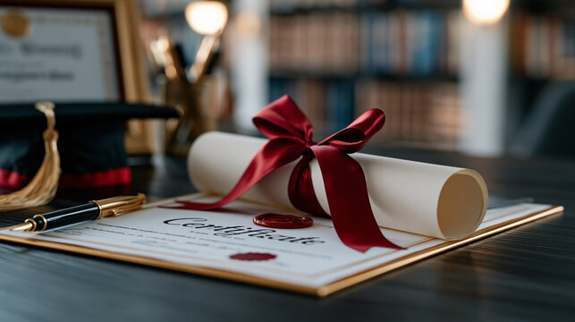 Certificate design minimal layout partially rolled and tied with a ribbon lying on a dark wood table inside a luxury academic interior, beside a framed degree and a pen set, soft focus bookshelf bac