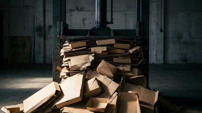 Heavy industrial hydraulic press crushing a large pile of cardboard boxes representing recycling processes and sustainable waste management