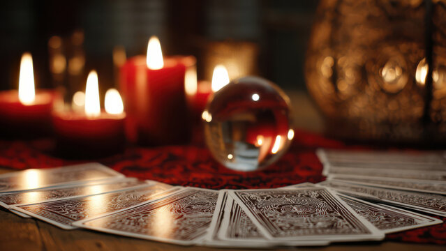 Fortune teller reading session with tarot cards, candles, crystal ball on table
