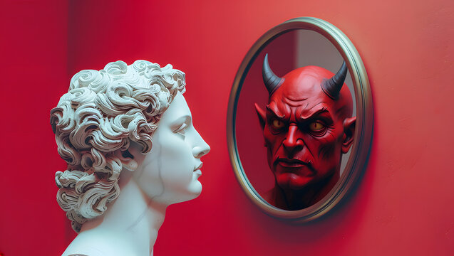 A white classical marble bust looks into an oval mirror that reflects a red devil face with horns against a bright red background, symbolizing inner evil, duality, and alter ego concepts