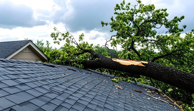 A large fallen tree trunk rests on a residential shingle roof after a severe storm, demonstrating extensive property damage, natural disaster aftermath, and home insurance concepts