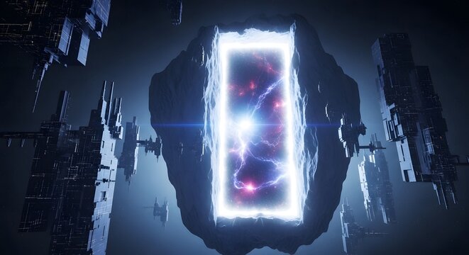 Glowing portal in a futuristic cityscape.