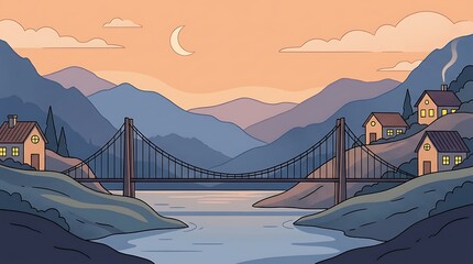 Fototapeta premium Serene Mountain Landscape with a Suspension Bridge at Sunset, Illustrating Tranquility and Natural Beauty