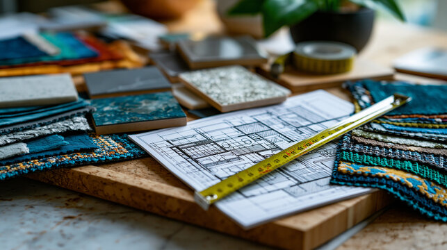 Floor plan layout diagram sketched in precise architectural line style lying across a luxury interior material board surrounded by fabric swatches, tile samples, and a measuring tape, interior desig