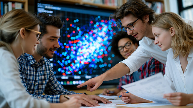 Group dynamic of five graduate students gathered around a scatter plot visualization projected on a seminar room display, one student pointing at a data cluster while others annotate printed copies,