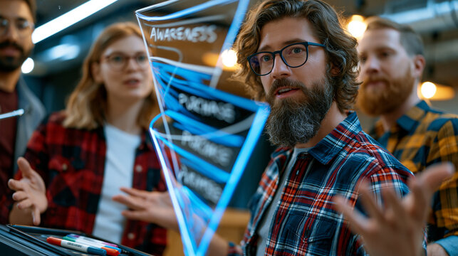 Funnel diagram conversion stages rendered on a glass whiteboard inside a startup sales team room where a candid group dynamic unfolds mid brainstorm, markers on the tray, team members in casual atti