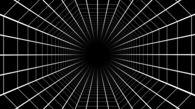 Seamless loop of flying forward through an endless white wireframe grid octagon tunnel against a alpha channel background
