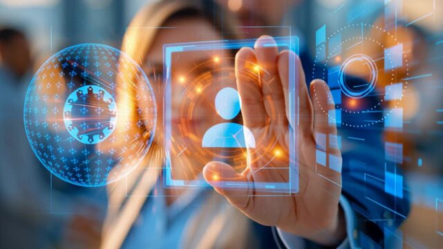 female HR hand selecting a human icon on a digital interface. Business concept representing recruitment, talent acquisition, employee selection, workforce management, and human resources.