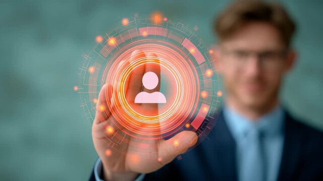 male HR hand selecting a human icon on a digital interface. Business concept representing recruitment, talent acquisition, employee selection, workforce management, and human resources.