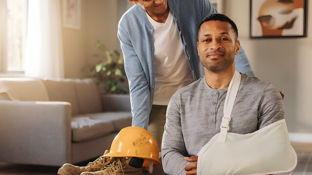 A smiling construction worker with an injured arm in a sling sits at home, supported by a caring partner, next to his hard hat and work boots.