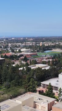 University of California Los Angeles campus showing iconic buildings like Boelter Hall and skyline with Santa Monica background on sunny day