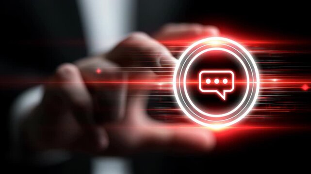 Businessman holding a glowing neon comment icon and speech bubble. Digital communication and online marketing concept representing customer engagement, social media, and business interaction.