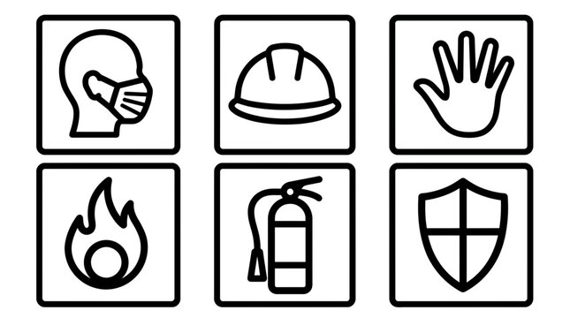 Safety icons set face mask hard hat gloves fire extinguisher and shield black and white
