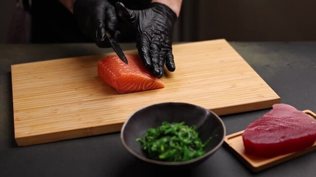 Close-up of a chef slicing fresh salmon on a wooden cutting board. Sharp knife, detailed texture of raw fish, and professional kitchen atmosphere emphasize precision, freshness, and gourmet culinary p
