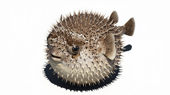 Round Pufferfish Blowfish Facing Forward Close Up Isolated on Pure White Background