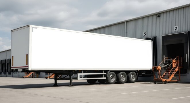 Blank white cargo semi-trailer truck ready for logistics and transport services.
