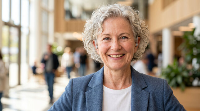 smiling elderly woman in modern office lobby with business attire concept of professional career