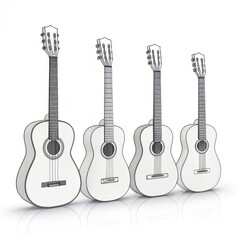 Obraz premium Four white acoustic guitars in a row isolated on white background